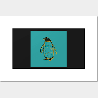 Penguin block print green yellow black Posters and Art